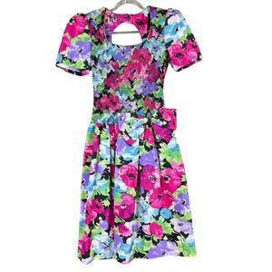 80s Act I New York Floral Drop Waist Dress Shoulder Pads Big Bow 6 Smock Taffeta